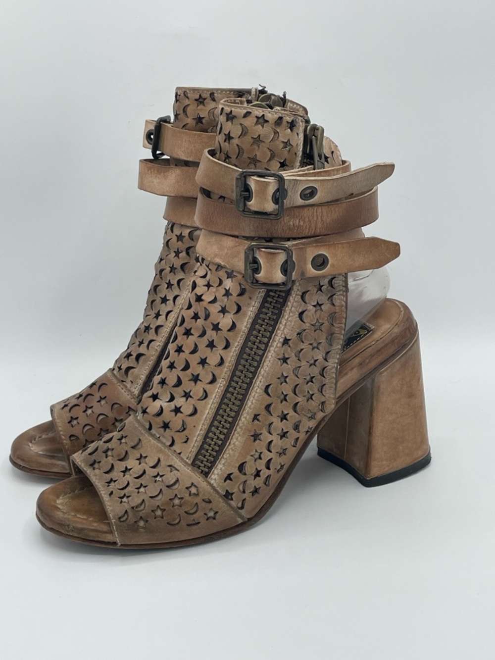 Freebird by Steven Theresa Tan Leather Distressed Laser-Cut Block Heel Sandal.